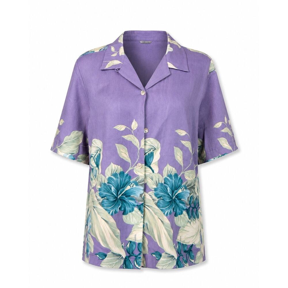 Tommy Bahama Purple Silk Hawaiian Camp Shirt Floral Print Size M Resort Vacation